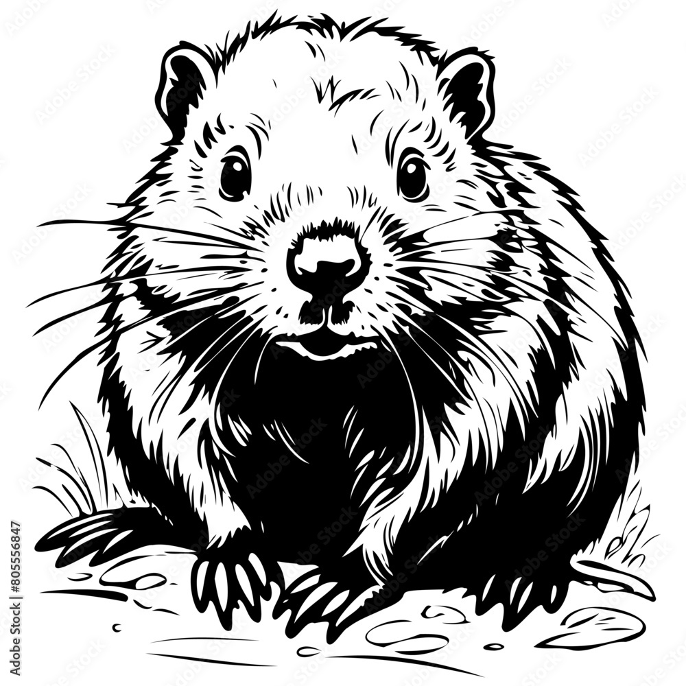 Poster Beaver portrait black hand drawn animal illustration, transparent background