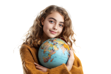 Young female dreaming & holding globe with one hand on isolated transparent background