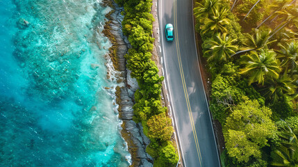 An aerial view of a coastal road trip, a sleek modern car driving along a winding road, between the turquoise sea on one side and dense palm forest on the other
