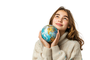Young female dreaming & holding globe with one hand on isolated transparent background