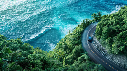 An aerial view of a coastal road trip, a sleek modern car driving along a winding road, between the...