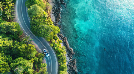 An aerial view of a coastal road trip, a sleek modern car driving along a winding road, between the...