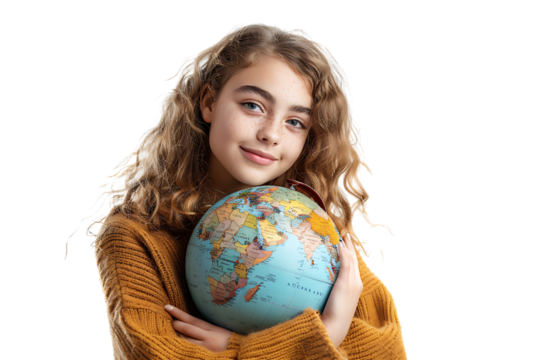 Young female dreaming & holding globe with one hand on isolated transparent background