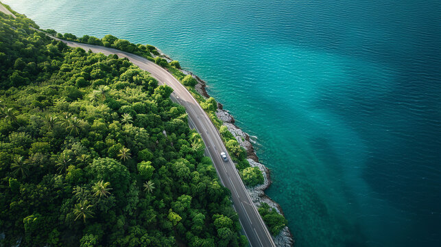 An aerial view of a coastal road trip, a sleek modern car driving along a winding road, between the turquoise sea on one side and dense palm forest on the other