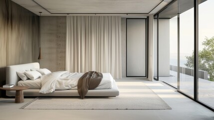 A serene minimalist bedroom with clean lines, neutral tones, and uncluttered space, promoting rest and relaxation in modern style.