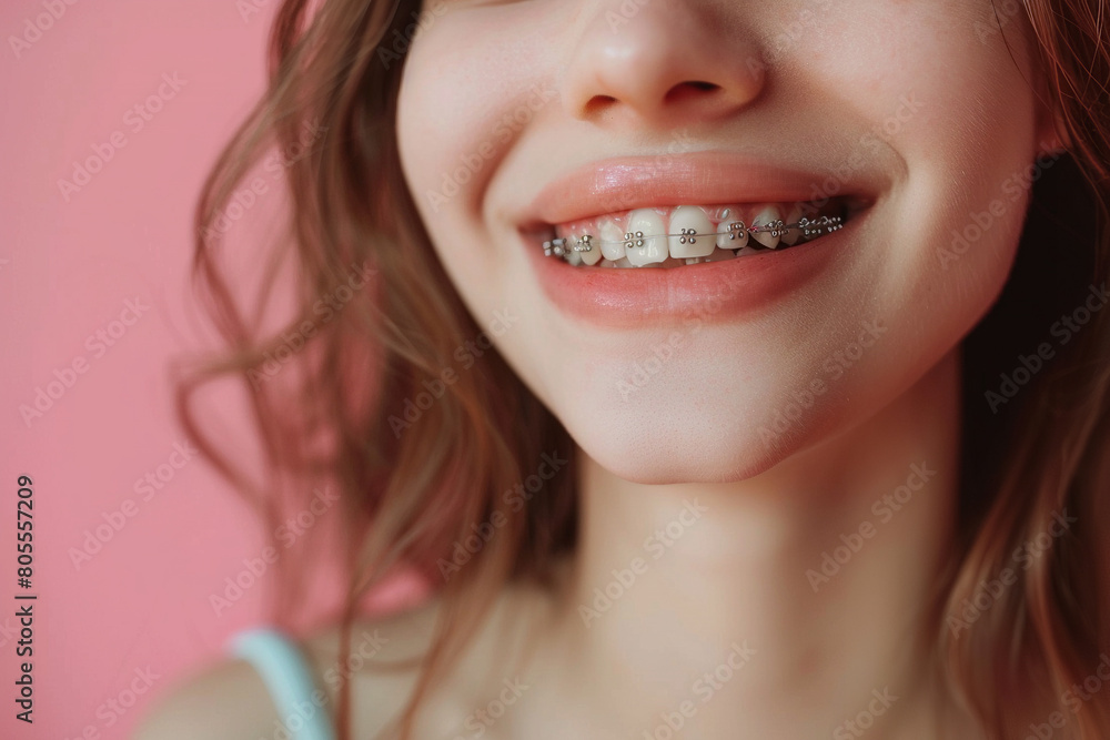 Wall mural Charming female smile with white teeth in braces, copy space