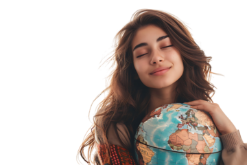 Young female dreaming & holding globe with one hand on isolated transparent background