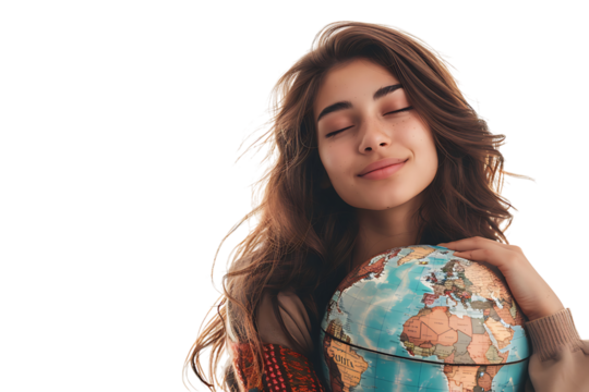 Young female dreaming & holding globe with one hand on isolated transparent background - Powered by Adobe