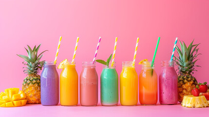 Colorful tropical fruit smoothies in glasses with straws and pineapple on a pink background - Powered by Adobe