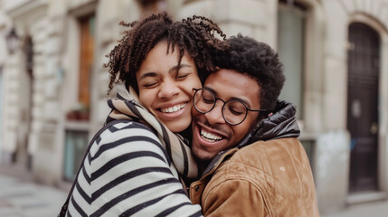 Warm Embrace Between Young Black Couple on City Street