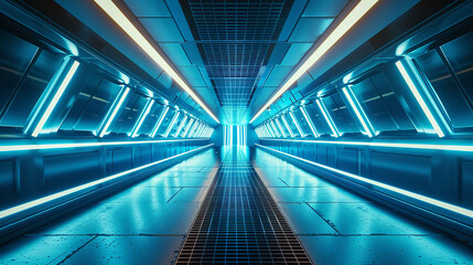 Obraz premium Corridor tunnel of space station ship, glowing futuristic panels of blue color, metal walls reflection of light. Podium stage long way