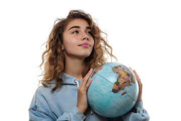 Young female dreaming & holding globe with one hand on isolated transparent background