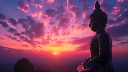 Fototapeta premium A serene silhouette of a Buddha statue against a vibrant sunset, casting a peaceful shadow, symbolizing enlightenment and tranquility.