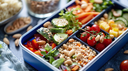 Healthy Vegan Lunch Box with Diverse Vegetables and Grains