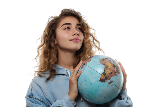 Young female dreaming & holding globe with one hand on isolated transparent background