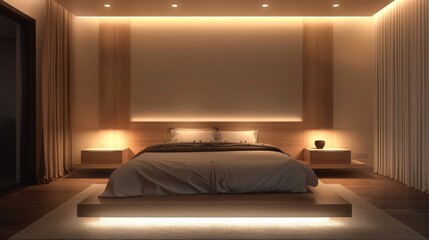 A sleek and modern minimalist bedroom with a sleek platform bed, minimalist nightstands, and recessed lighting for a contemporary feel.