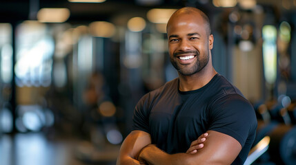 young attractive American masculine male personal trainer in a gym, smile with confident