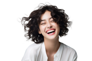 Beautiful young woman with short brown hair and a bright smile isolated on transparent background.