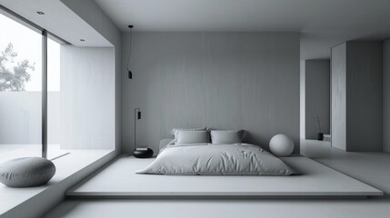 A sleek and stylish minimalist bedroom with a monochromatic color scheme, emphasizing simplicity and sophistication in design.
