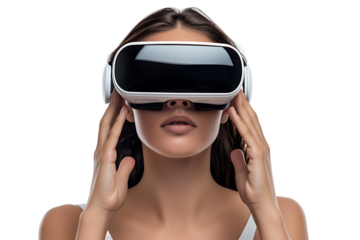 Young girl exploring vast opportunities of virtual reality with VR headset on isolated transparent background