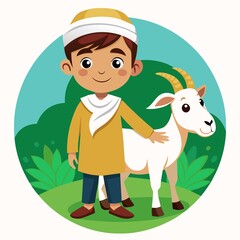 Obraz na płótnie Canvas Cute Muslim Boy with Goat Cartoon