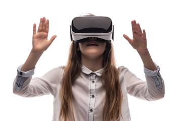 Young girl exploring vast opportunities of virtual reality with VR headset on isolated transparent background