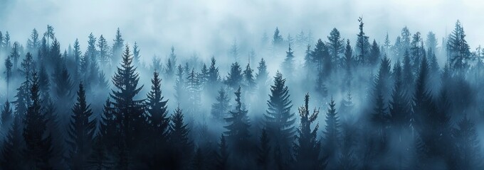 Misty landscape with fir forest in hipster vintage retro style. AI generated illustration