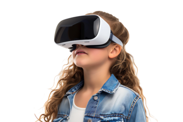 Young girl exploring vast opportunities of virtual reality with VR headset on isolated transparent background