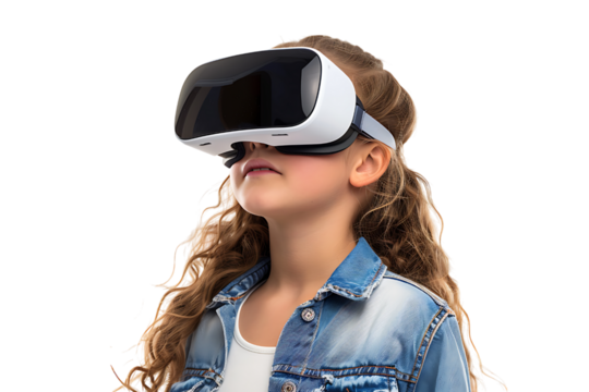 Young girl exploring vast opportunities of virtual reality with VR headset on isolated transparent background