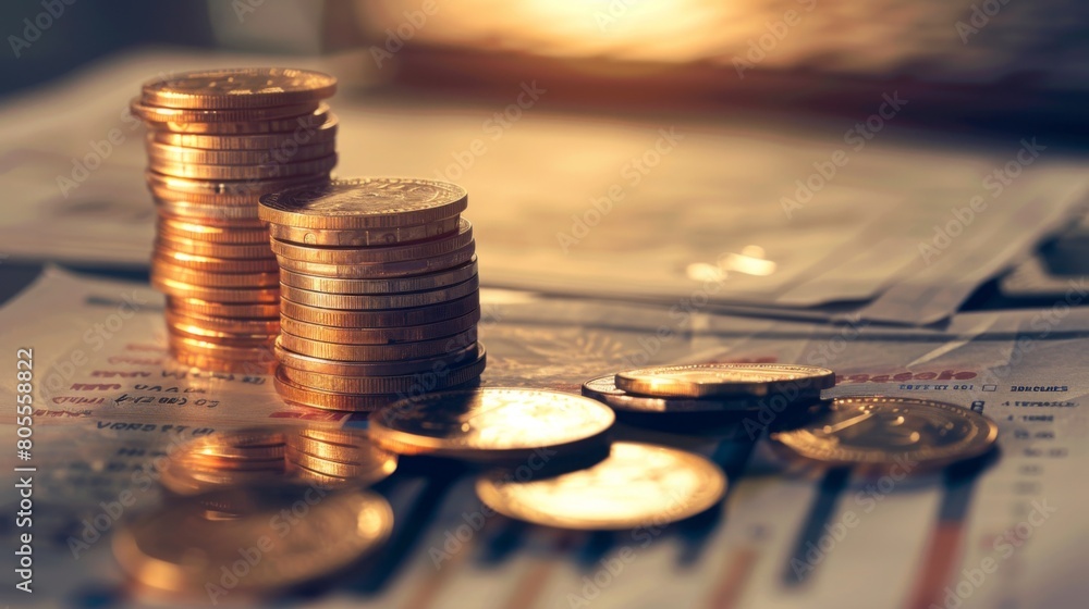 Aufkleber a stack of gold coins and financial documents on a desk, illustrating the integration of precious me