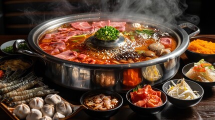 A steamy pot of bubbling broth surrounded by an assortment of dipping sauces and condiments, enhancing the flavors of shabu-shabu.