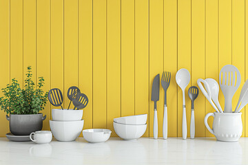 kitchen utensils with yellow wall on white table. 3d rendering.