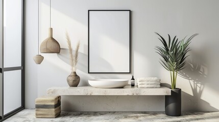 Poster frame mockup in minimalist modern interior background, 3d render.
