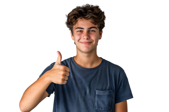Happy young man doing thumbs up on isolated transparent background