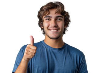 Happy young man doing thumbs up on isolated transparent background