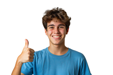Happy young man doing thumbs up on isolated transparent background
