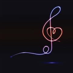 Neon treble clef. Glowing music note with heart shape. Editable stroke. Music note glyph. Violin key pictogram. Classical music and melody. Symphony. Musical concert and performance. To love music.
