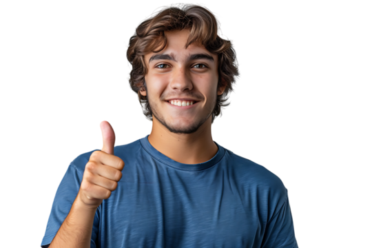 Happy young man doing thumbs up on isolated transparent background