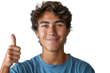 Happy young man doing thumbs up on isolated transparent background