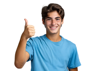 Happy young man doing thumbs up on isolated transparent background