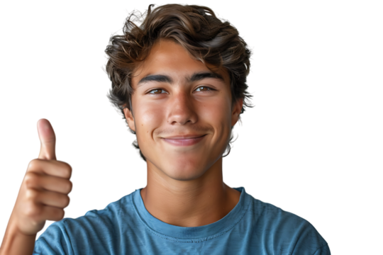 Happy young man doing thumbs up on isolated transparent background
