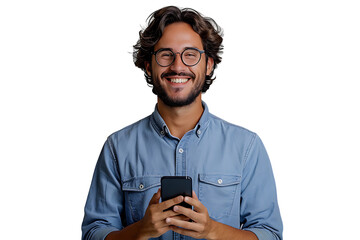 Young man standing holding smartphone and looking at camera on isolated transparent background