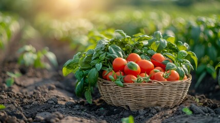 Basket of Tomatoes in a Garden