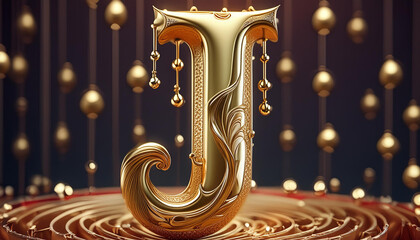 letter J in golden drip effect, shiny metallic, logo, hyper realistic, ultra detailed, high resolution, 3d rendering