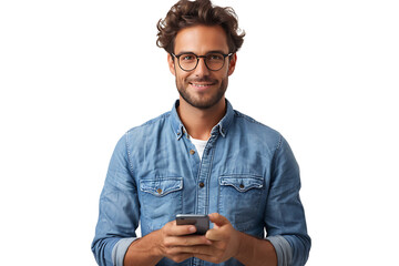 Young man standing holding smartphone and looking at camera on isolated transparent background