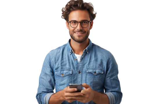 Young man standing holding smartphone and looking at camera on isolated transparent background