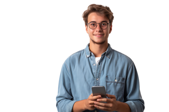 Young man standing holding smartphone and looking at camera on isolated transparent background