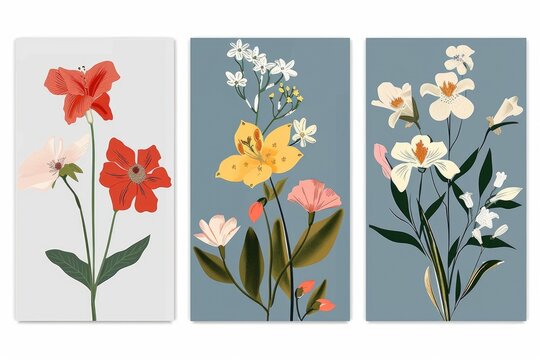 Set of three colorful floral paintings, perfect for home decor