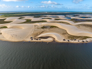 Aerial view of Parque da Dunas - Ilha das Canarias, Brazil. Huts on the Delta do Parnaíba and...