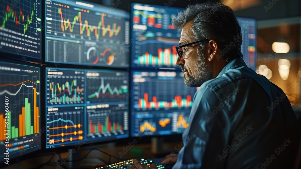 Poster man sitting at desk with three computer monitors